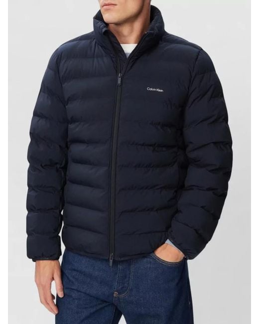 Calvin Klein Blue Nylon Puffer Coat High Collar Side Pockets for men