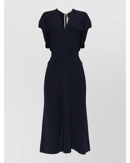 Victoria Beckham Blue V-Neck Midi Dress Blouson Detail