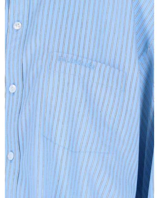Balenciaga Blue Striped Relaxed-Fit Knotted-Cuff Blouse