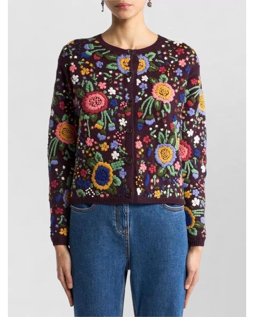 Etro Black Cropped Crew Neck Floral Embroidered Cardigan