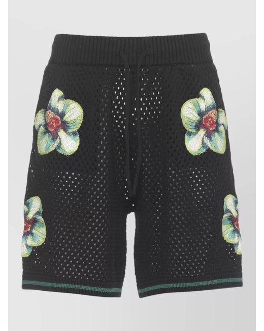 Casablanca Black Cotton Bermuda Shorts Perforated Orchid Embroidery for men