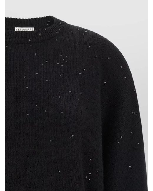Brunello Cucinelli Black Diamante Cashmere Silk Sweater Crew Neck