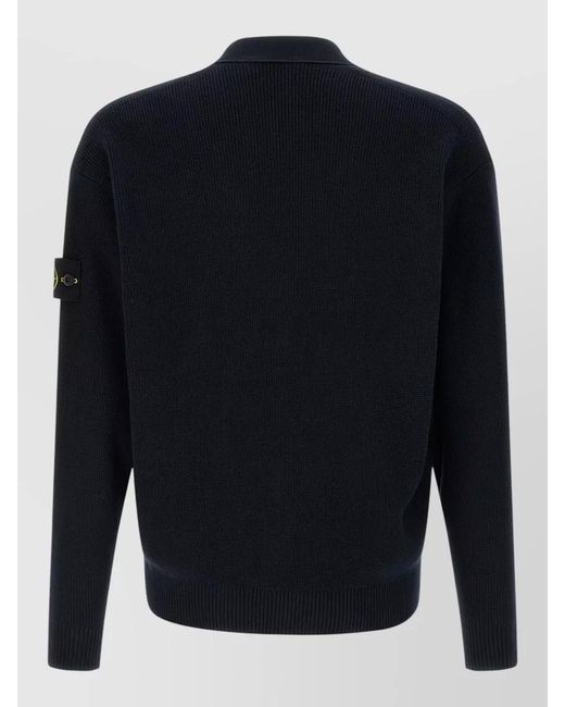 Stone Island Blue Ribbed Cotton V-Neck Cardigan for men