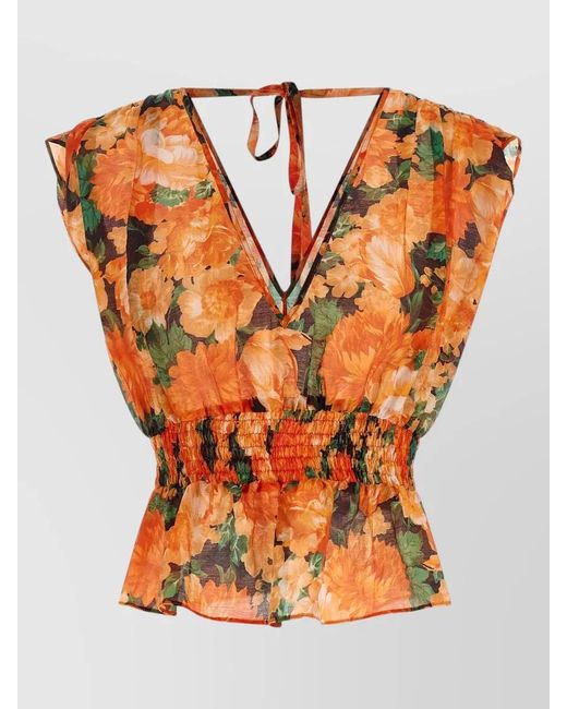Pinko Orange Arcore V Neck Sleeveless Floral Waist Top