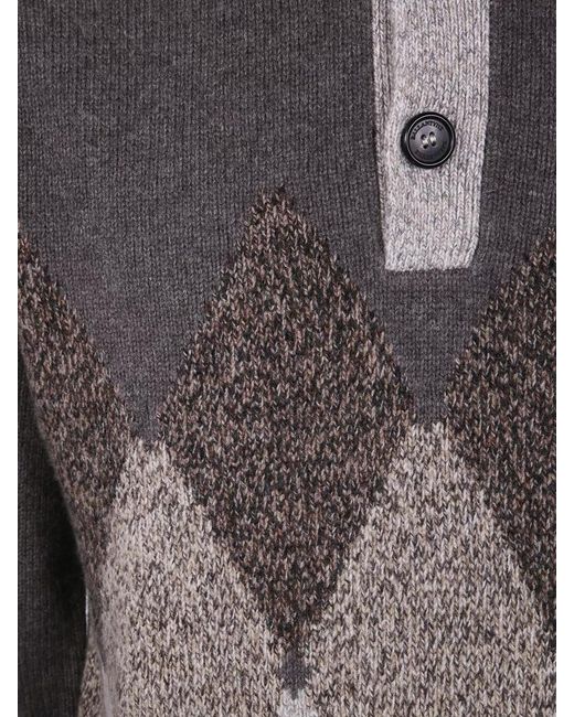 Ballantyne Gray High Neck Argyle Knit Pullover Buttons for men