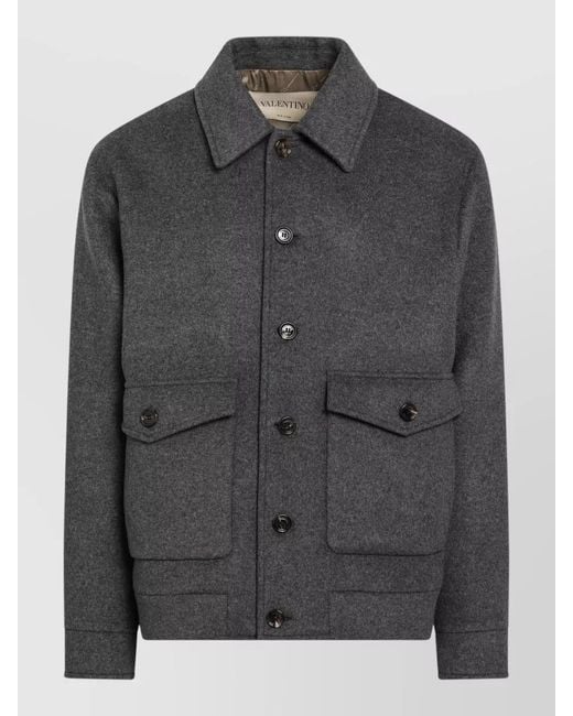 Valentino Gray Straight Collar Jacket Long Sleeves Pockets for men