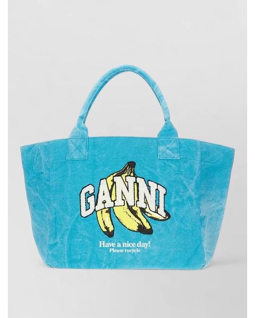 Ganni Blue Canvas Tote Bag Graphic Print Handles