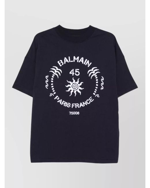 Balmain Blue Graphic Print Crew Neck Short Sleeve T-Shirt for men