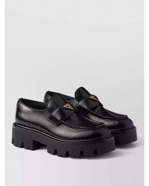 Prada Black Brushed Leather Loafers Rubber Sole Logo