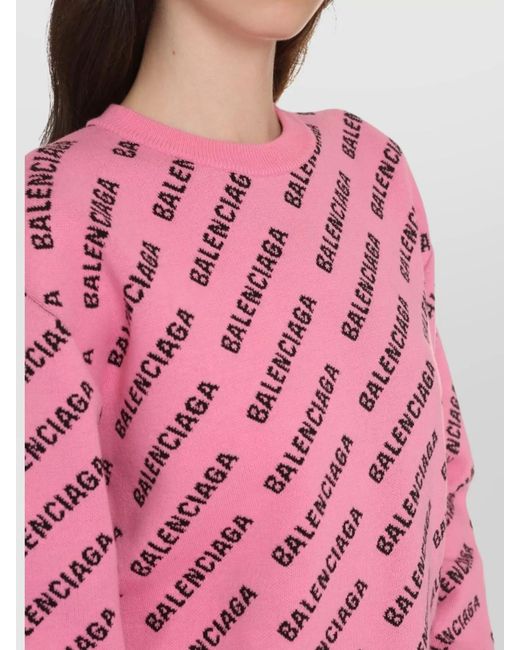 Balenciaga Pink Jacquard Logo Crew Neck Sweater