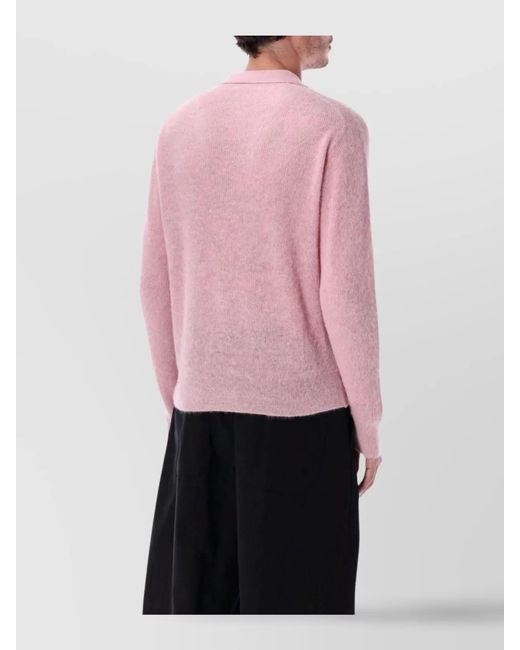 Auralee Pink Long Sleeve Polo Sweater With Ribbed Cuffs for men