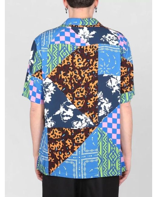 Marcelo Burlon Blue Hawaii Bowling Collar Patchwork Short Shirt for men