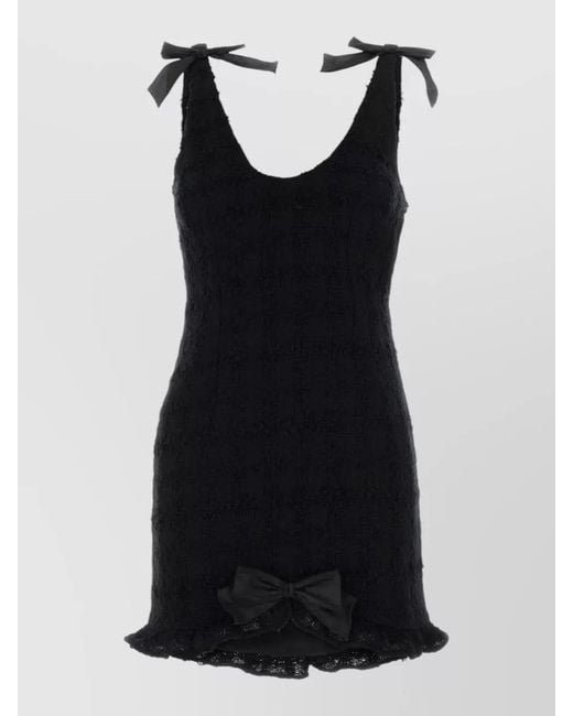 Alessandra Rich Black Bouclé Mini Dress Scoop Neckline Bow