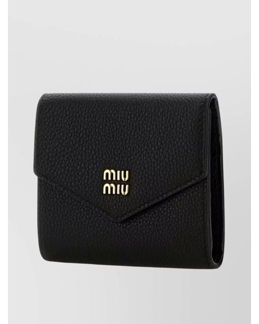 Miu Miu Black Leather Wallet With Envelope Flap And Textured Finish
