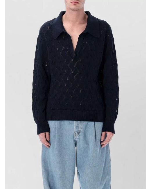Dries Van Noten Blue Lace Stitch Polo Sweater for men