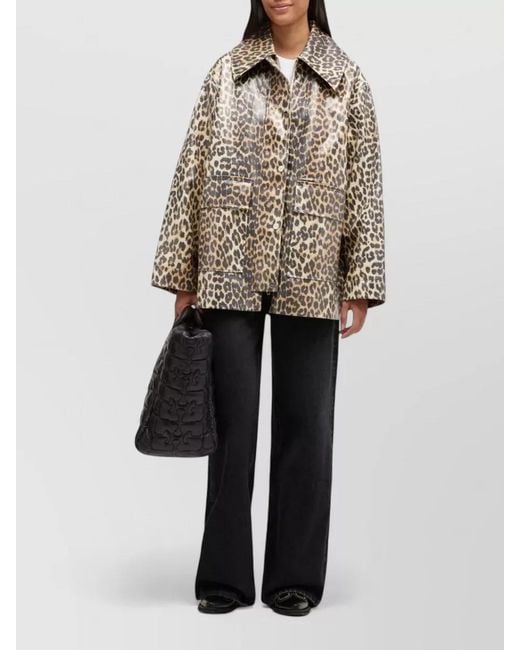 Ganni Gray Leopard Print Cotton Blend Long Jacket
