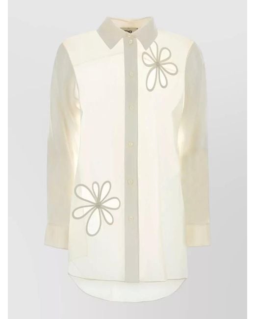 Fendi White Organza Shirt Collared Floral Design Long Sleeves for men