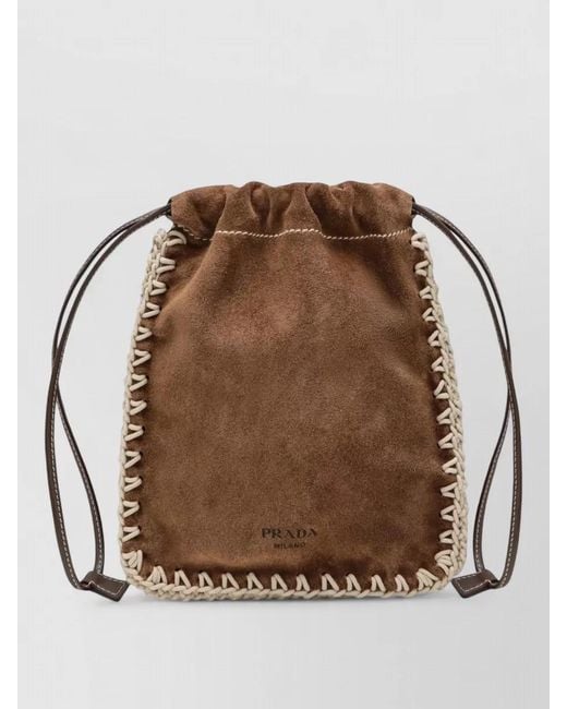 Prada Brown Suede Backpack Braided Trim Contrast Stitching