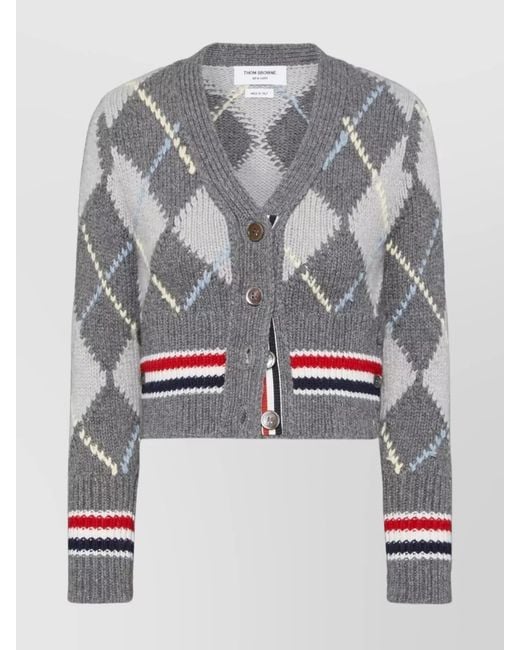 Thom Browne Gray Wool Argyle Chunky-Knit Cropped V-Neck Cardigan