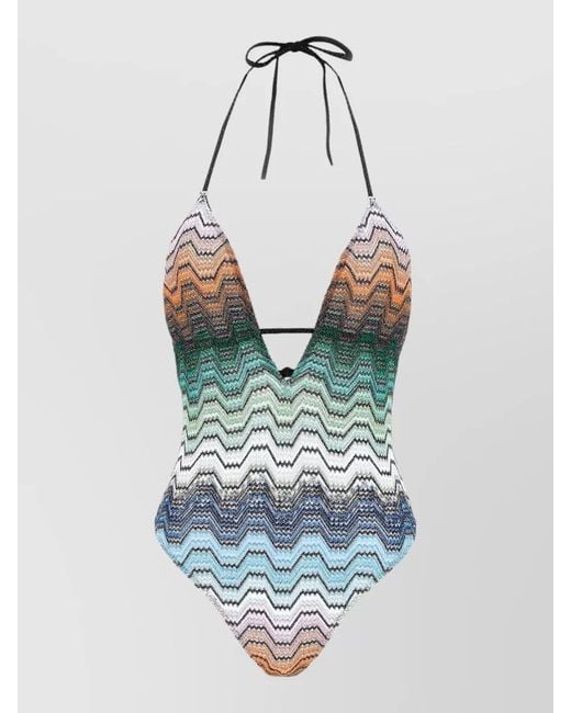 Missoni Blue Greek Motif Swimsuit V Neckline Halter