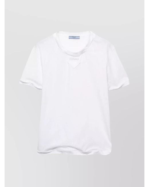 Prada White Cotton Jersey T-Shirt With Fabric Triangle Logo
