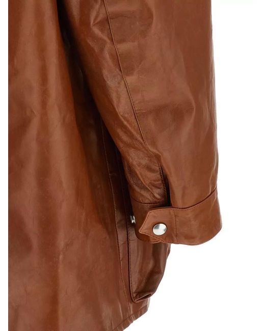 Prada Brown Leather Caban Coat Front Pockets Long Sleeves