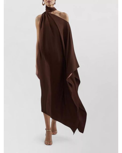 Taller Marmo Brown Atlas Asymmetric Off-Shoulder Gathered Midi Dress