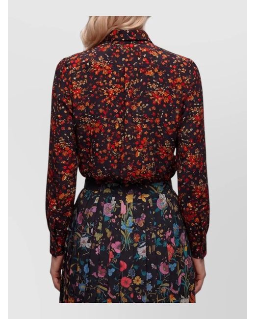 Gucci Red Silk Floral-Print Tie-Neck Long-Sleeve Shirt