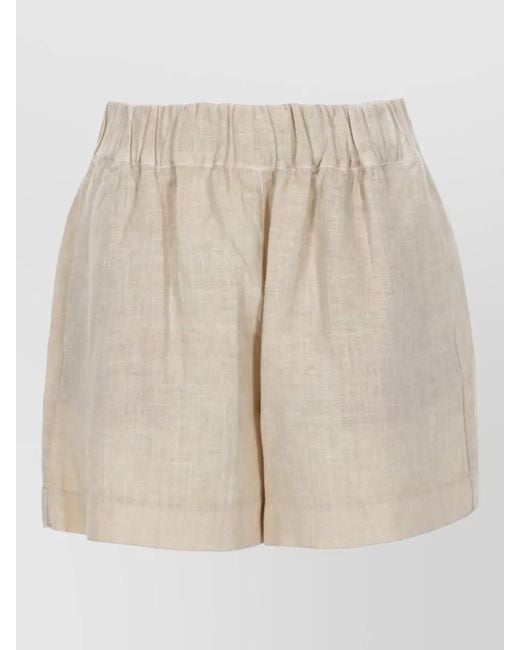 120% Lino Natural Linen Shorts Button Detail Back Pocket