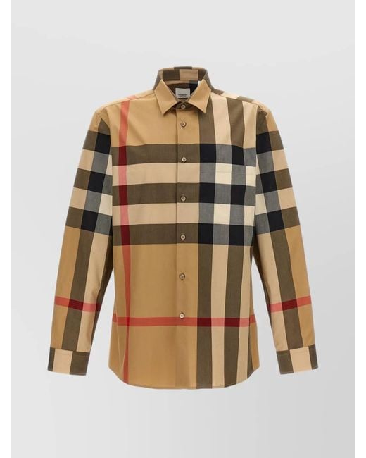Burberry Brown Checked Pattern Shirt With Button-Down Collar for men