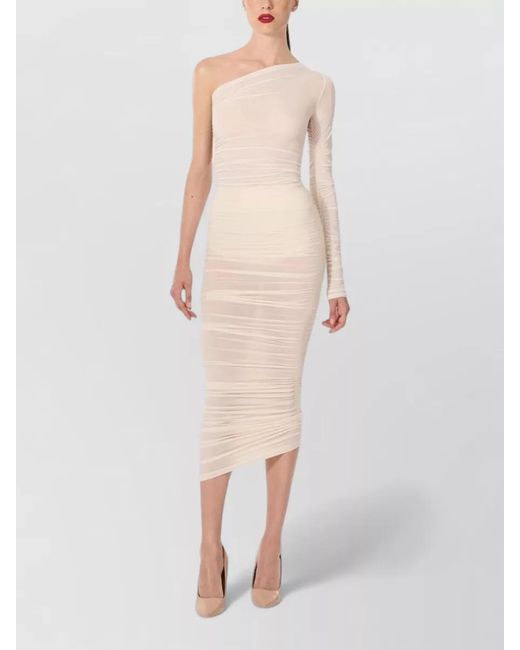 Wolford Natural Sheer Draped One-Shoulder Long-Sleeve Bodysuit