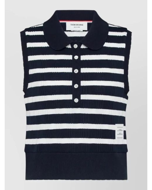 Thom Browne Blue Striped Ribbed Polo Top