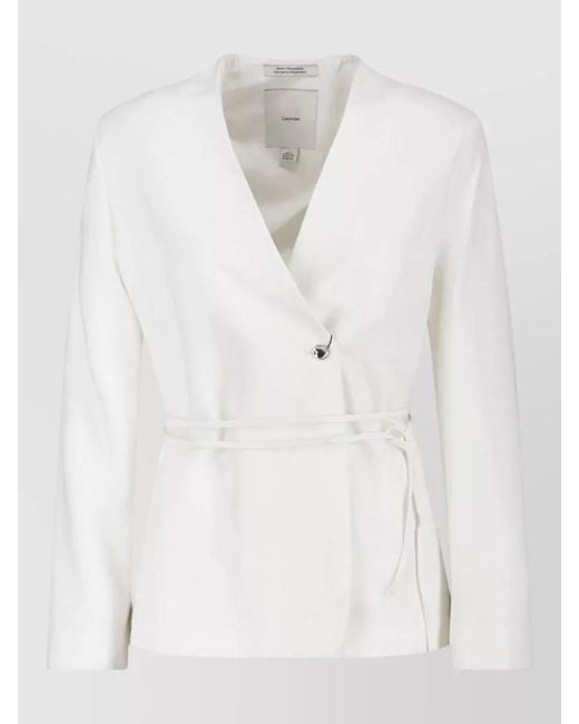 Calvin Klein White Tailored Blazer Long Sleeves V Neckline Waist Tie