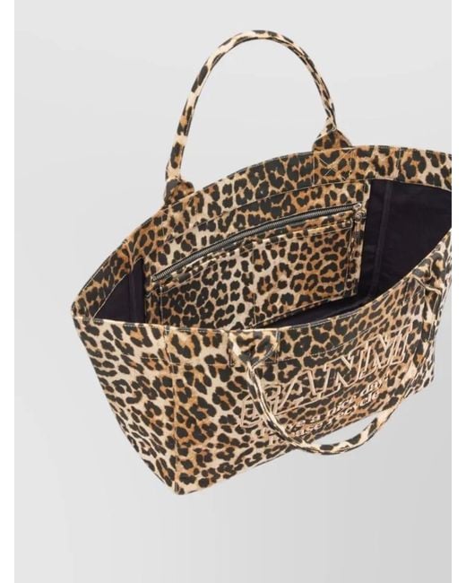 Ganni Metallic Medium Recycled Cotton Leopard-Print Tote Bag