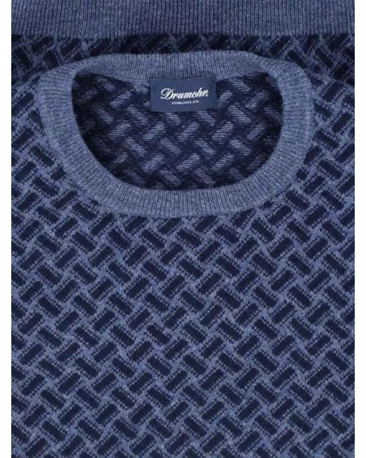 Drumohr Blue Cashmere Herringbone Crewneck Jumper for men