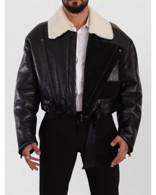 Dolce & Gabbana Black Shearling Lambskin Biker Coat Belted Waist for men