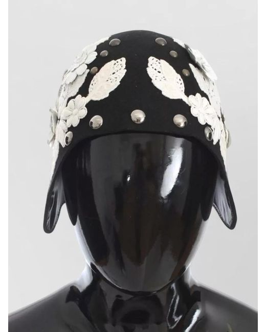 Dolce & Gabbana Black Wool Floral-Embroidered Studded Hat