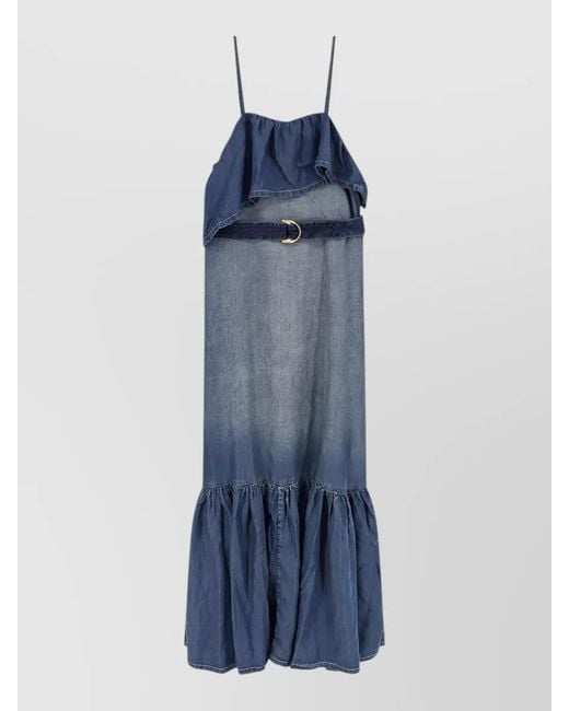 Pinko Blue Chiarodiluna Denim Dress Ruffle Neckline