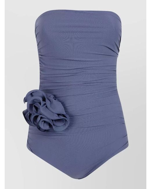 Magda Butrym Blue Floral Applique Strapless Ruched Onepiece Swimwear
