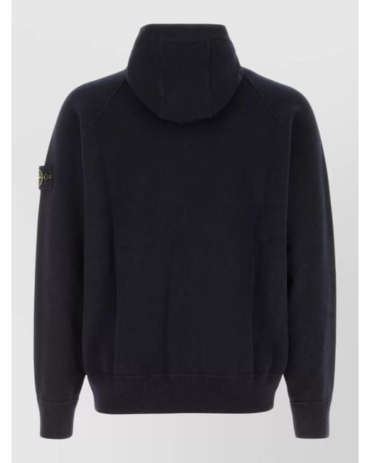 Stone Island Blue Hooded Knit Sweatshirt Ribbed Cuffs Hem for men