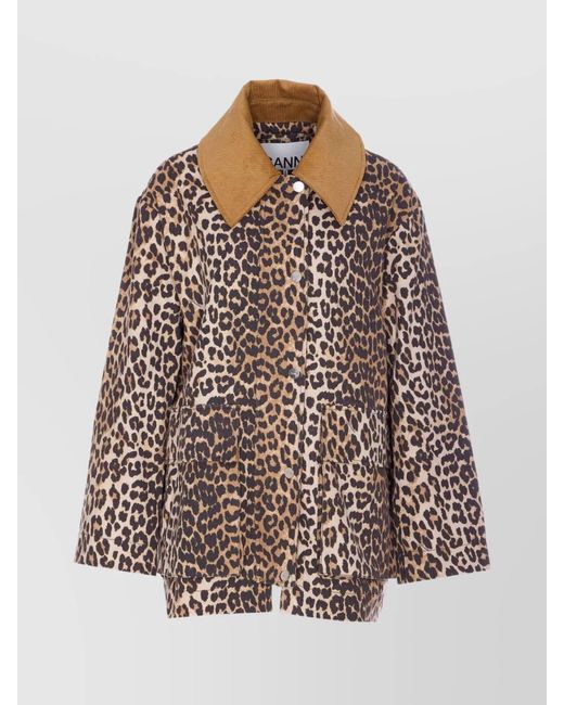 Ganni Multicolor Long Sleeve Animal Print Jacket With Wide Collar