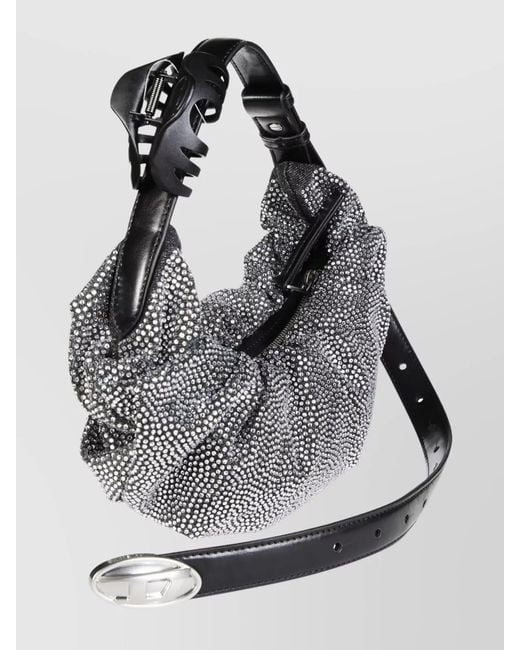 DIESEL Gray Grab-D Small Denim Crystal-Embellished Hobo Shoulder Bag