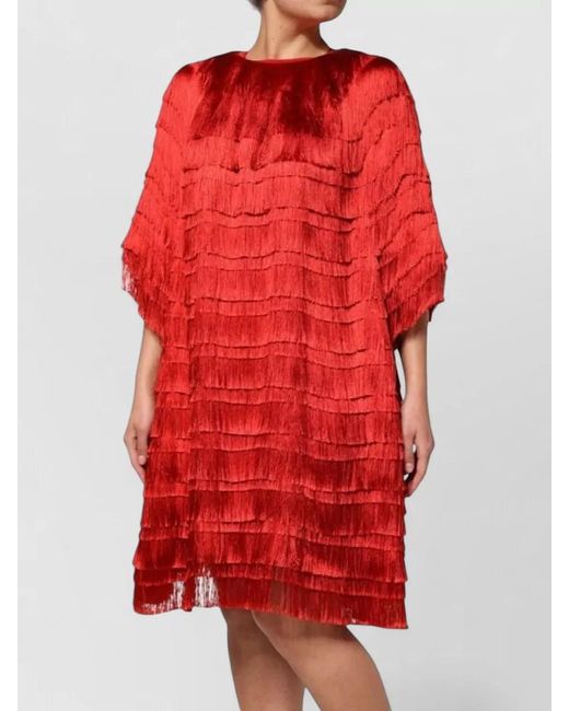 Dolce & Gabbana Red Silk Fringe Short-Sleeve Knee-Length Dress