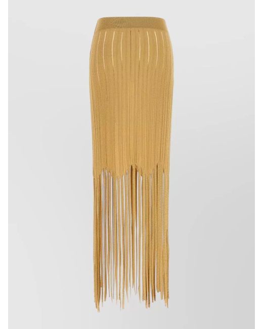 Balmain Metallic Knit Skirt Elastic Waist Fringe Hem