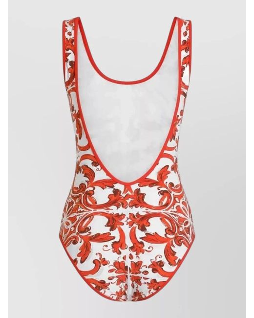 Dolce & Gabbana Red Majolica Print One Piece Swimsuit Low Back