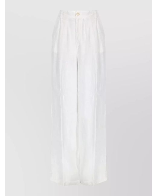 120% Lino White Linen Pants High Waist Wide Leg Belt Loops