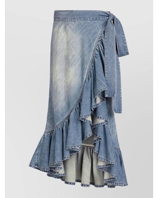 Alaïa Blue Denim Ruffle Wrap Skirt Asymmetric Cut