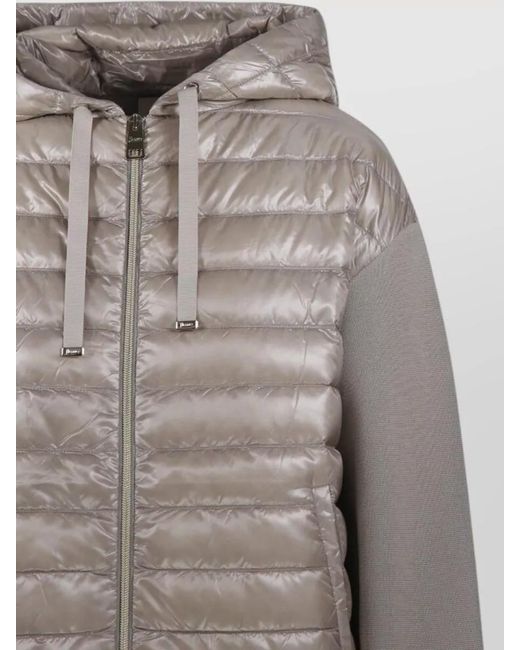 Herno Gray Hooded Quilted Jacket Long Sleeves Drawstring