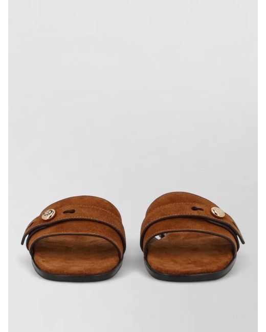 Tory Burch Brown Suede Logo-Plaque Slides