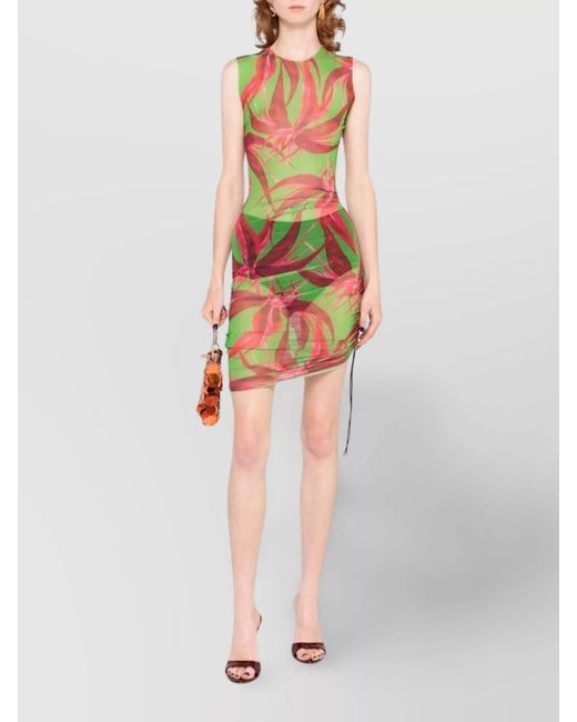 Louisa Ballou White Ruched Sleeveless Printed Mini Dress